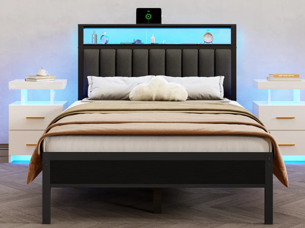 Upholstered Bed Frame with Charging Station