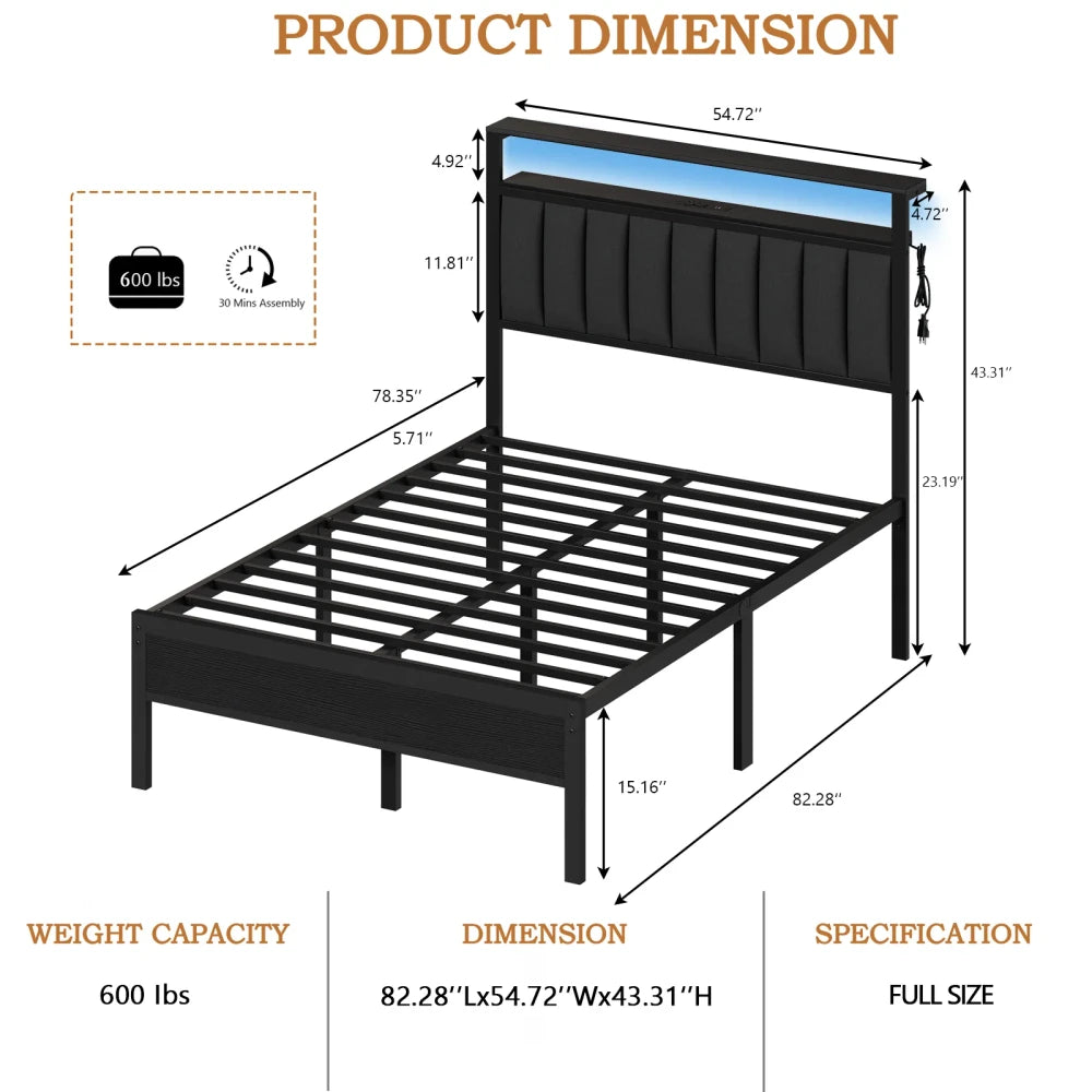Upholstered Bed Frame with Charging Station
