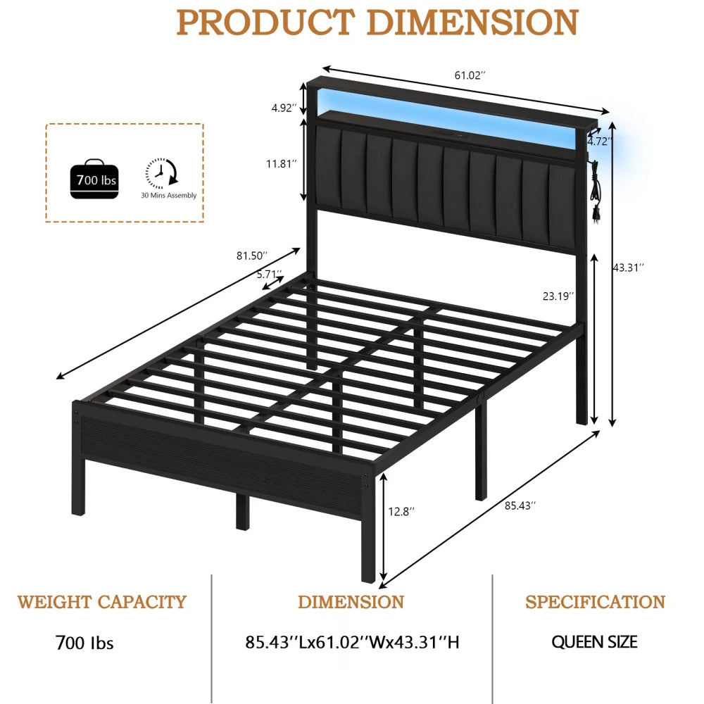 Upholstered Bed Frame with Charging Station