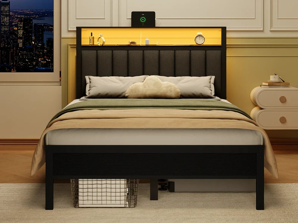 Upholstered Bed Frame with Charging Station